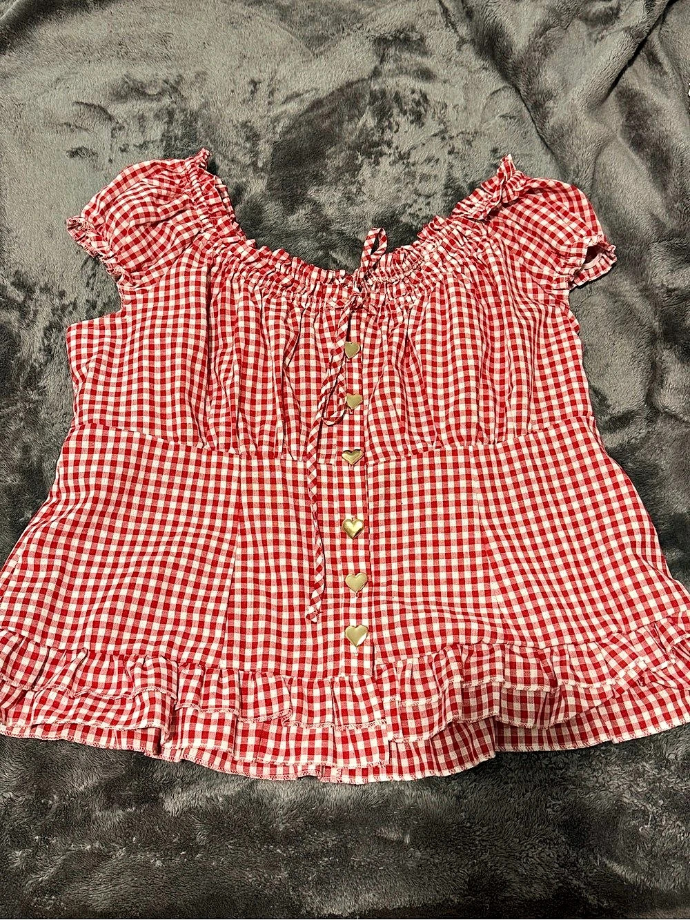 SHEIN Gingham Ruffle Blouse in Red & White 2XL